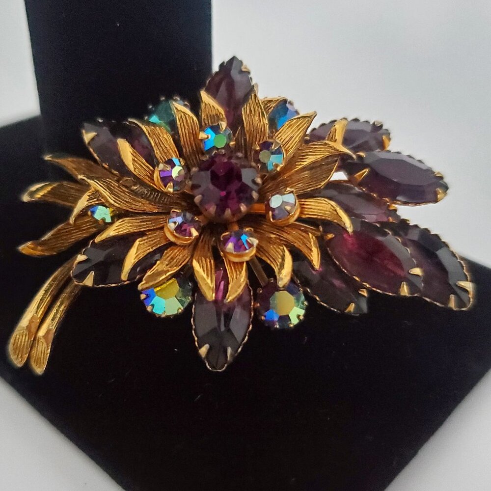 Vintage SELINI Pin Brooch Layered Gold Leaf Garnet Marquise & AB Stones SIGNED